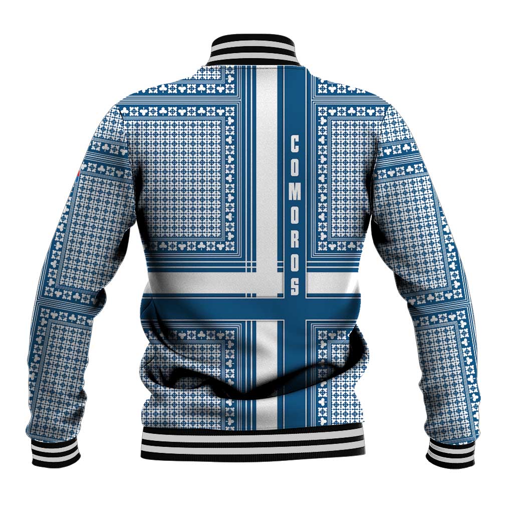 Blue and white geometric baseball jacket, back view with COMOROS text and ribbed striped hem