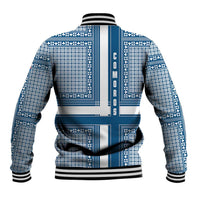 Blue and white geometric baseball jacket, back view with COMOROS text and ribbed striped hem