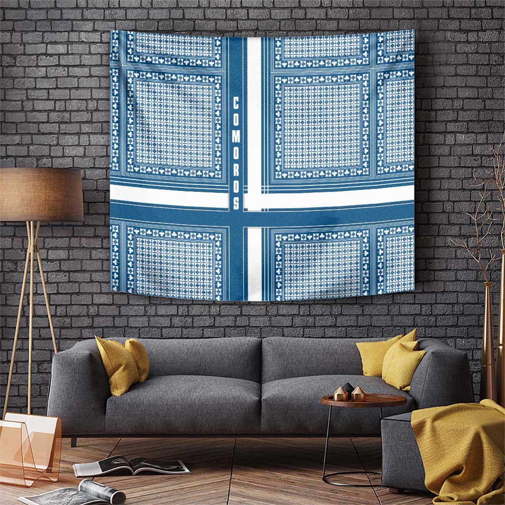 Comoros Tapestry with Blue and White Traditional Geometric Pattern and National Flag Detail