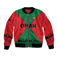 Green and red bomber jacket with central OMAN emblem and crossed khanjar design