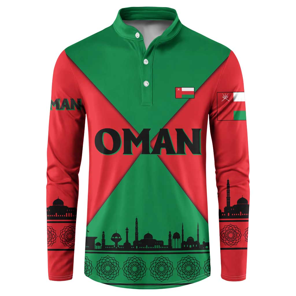 Green and red OMAN button sweatshirt with diagonal flag cross and OMAN print