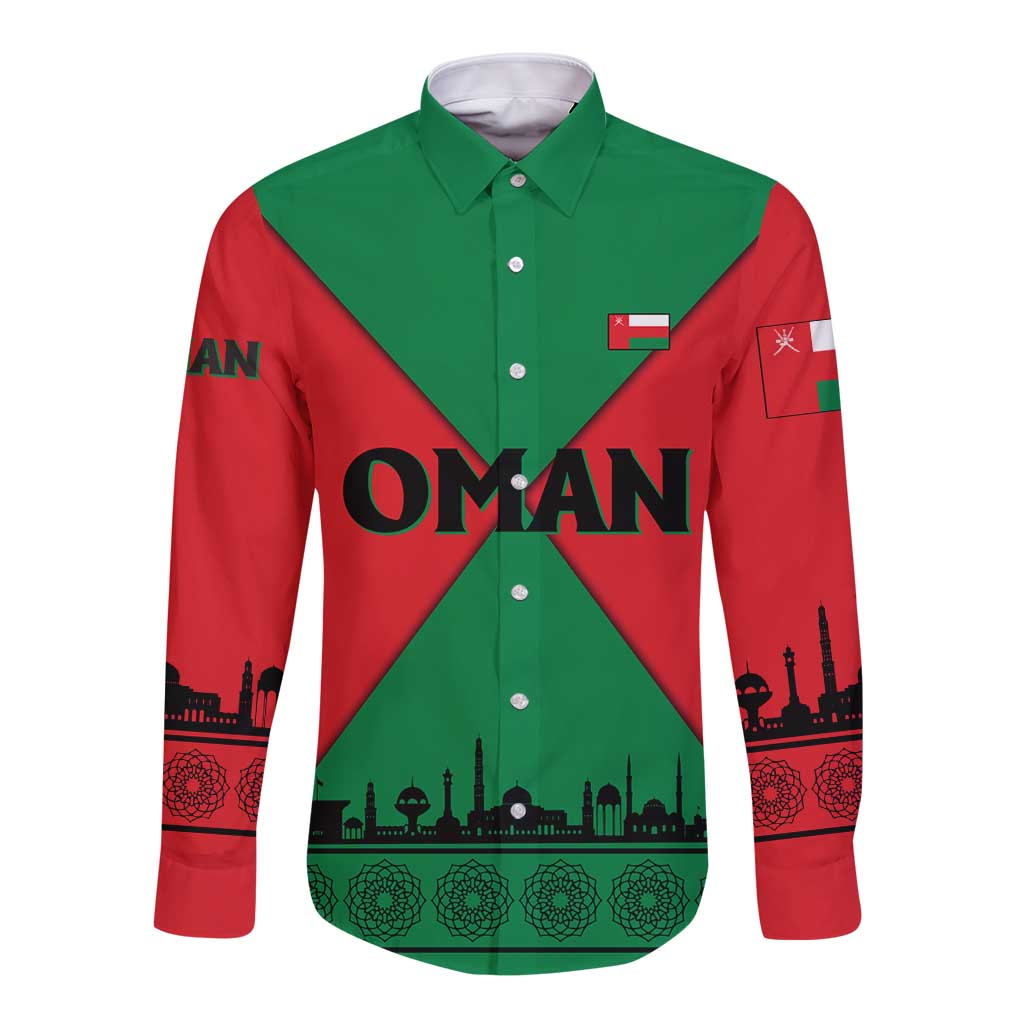 Oman Long Sleeve Button Shirt with National Flag Colors and Crossed Khanjar Emblem Design