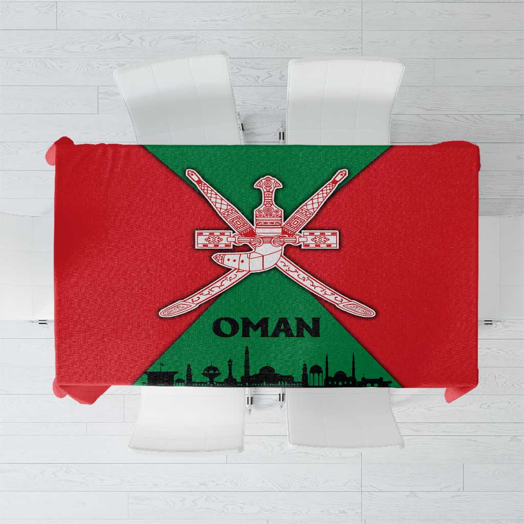 Oman flag tablecloth in green and red, crossed khanjar emblem with Oman text