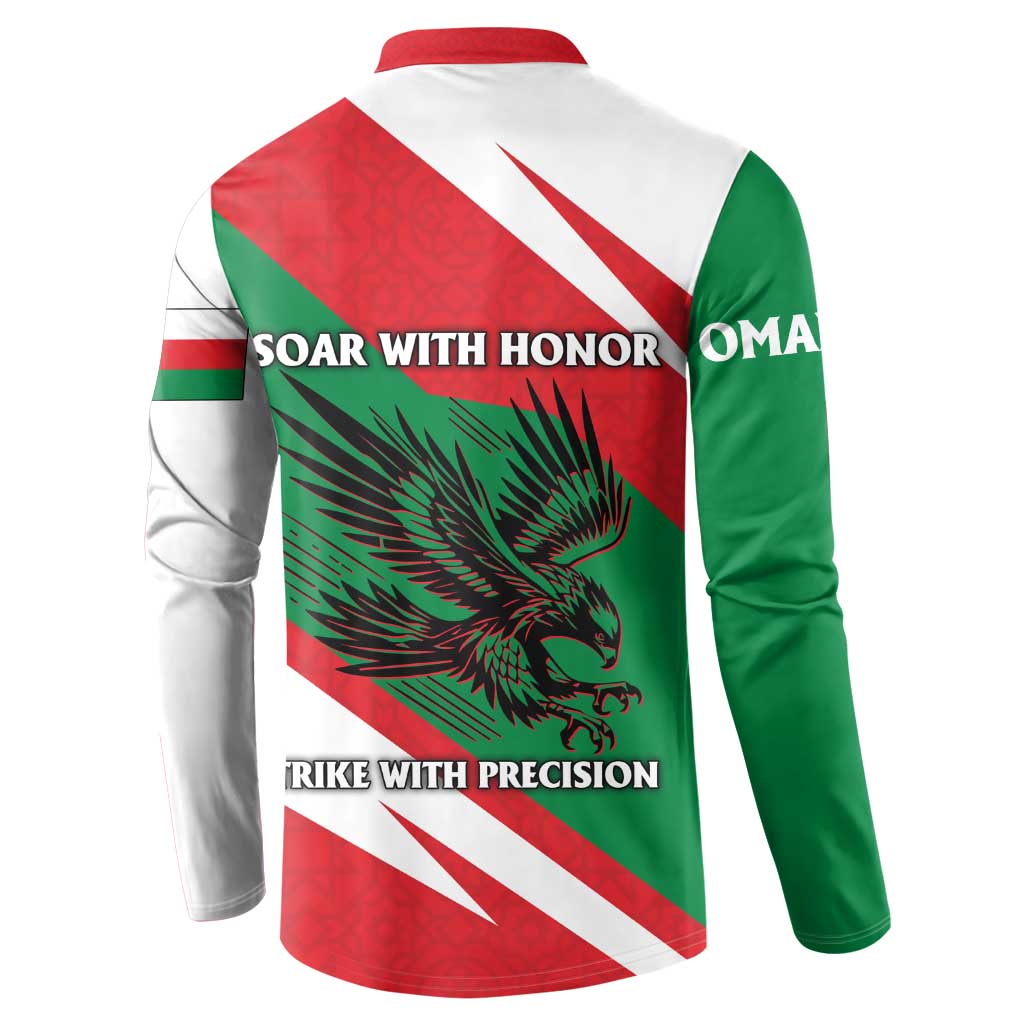 Oman Button Sweatshirt with National Flag Colors and Falcon Soaring Graphic Design