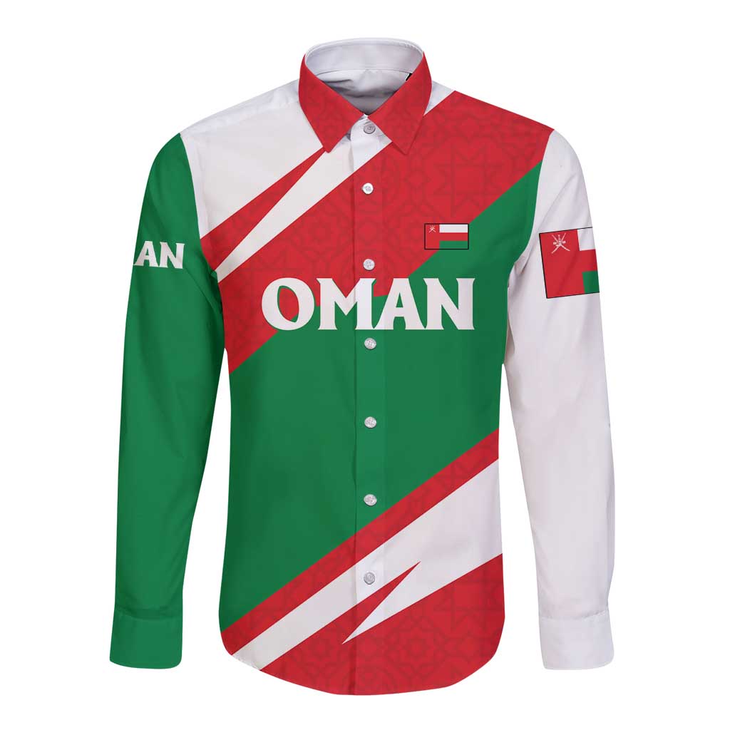 Oman Long Sleeve Button Shirt with National Flag Colors and Falcon Soaring Graphic Design