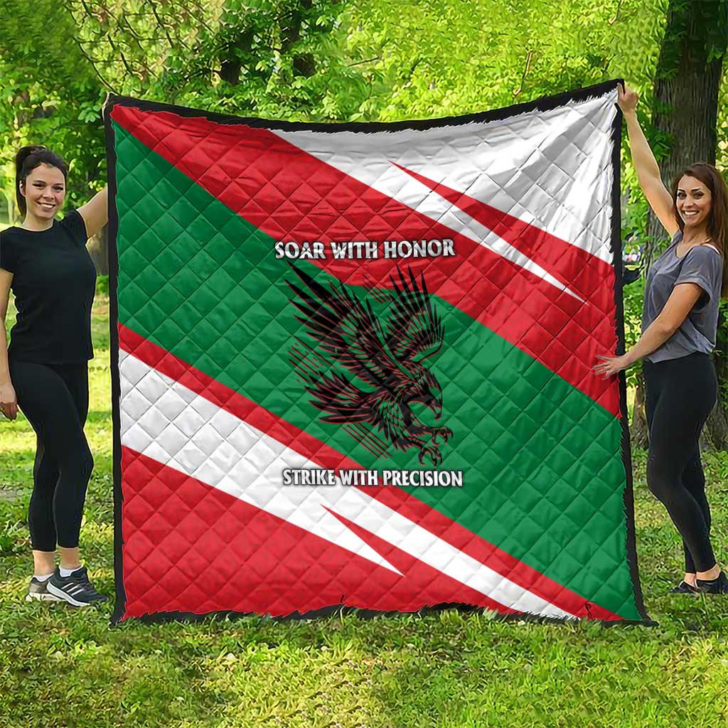 Oman quilt with red, green, and white diagonal stripes; quilted texture and falcon graphic