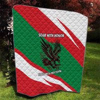 Oman quilt featuring red/green/white diagonal flag design, quilt stitching, falcon and slogans