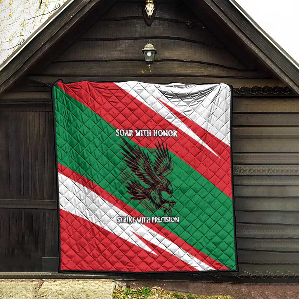 Oman quilt with red, green, and white diagonal stripes, quilted texture, falcon design