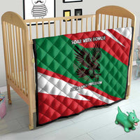 Oman quilt with red/green/white diagonal stripes, quilted fabric, falcon graphic and slogan