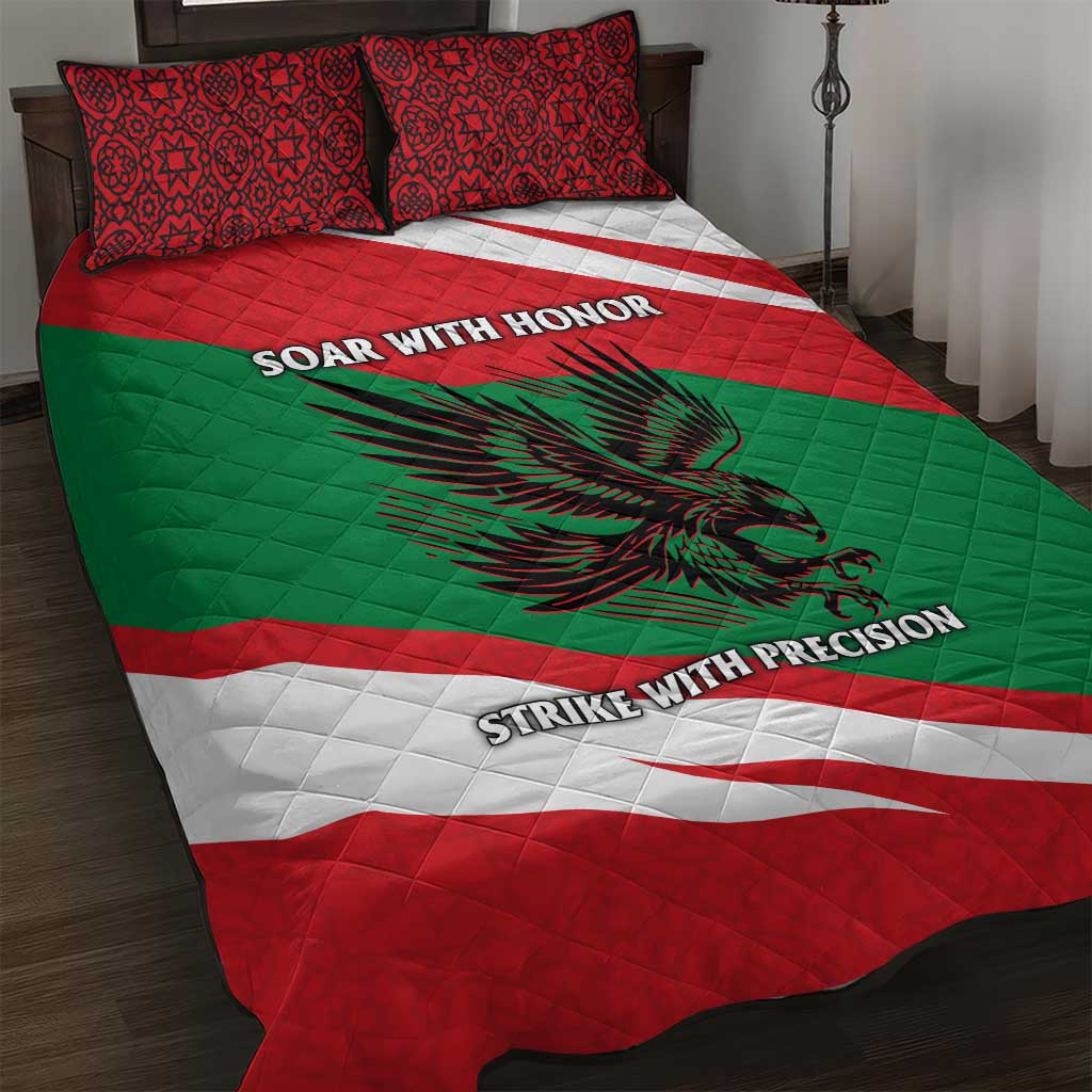 Quilt bed set with red, green, and white flag stripes and black falcon graphic on cover
