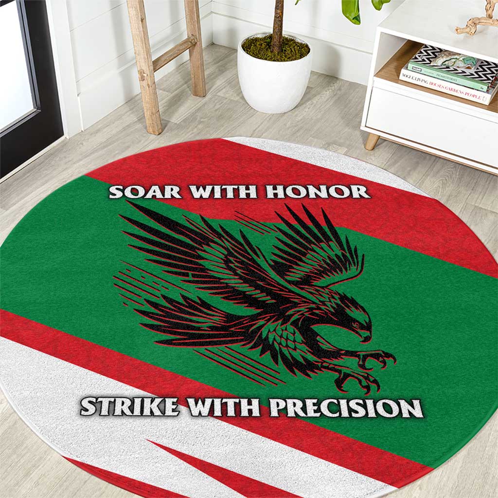 Oman Round Carpet with National Flag Colors and Falcon Soaring Graphic Design