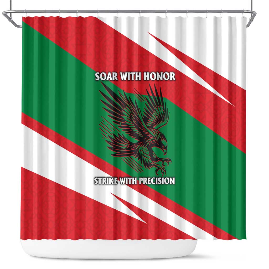 Shower curtain with red, green, and white diagonal stripes and a falcon graphic