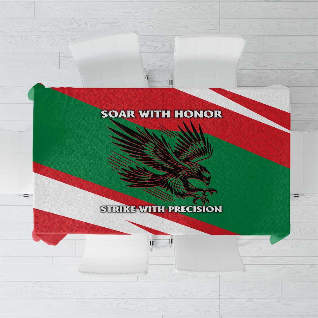 Flag-style tablecloth with green, red, and white stripes and a falcon graphic