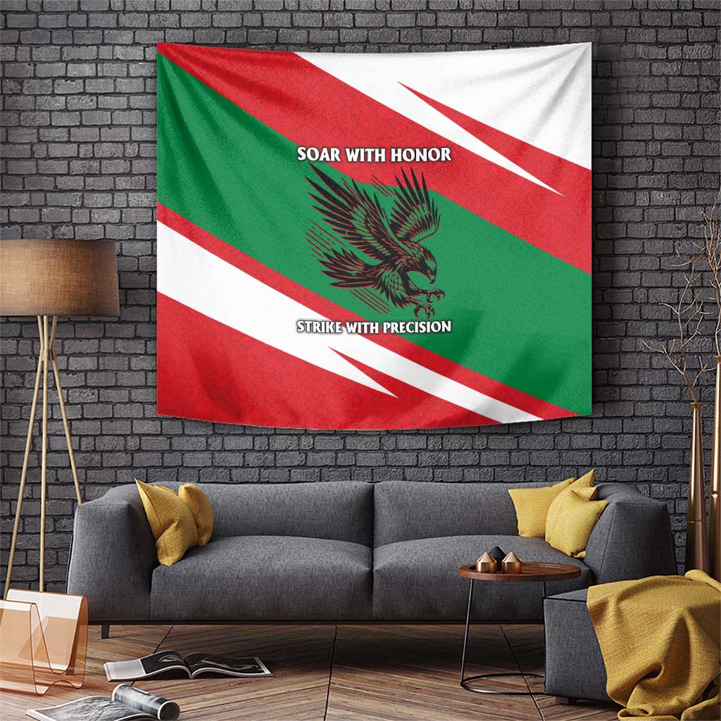 Oman flag tapestry with green-red-white stripes and falcon graphic