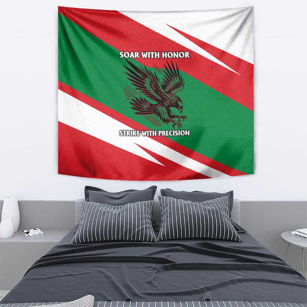 Oman flag tapestry featuring falcon artwork over green, red, and white stripes
