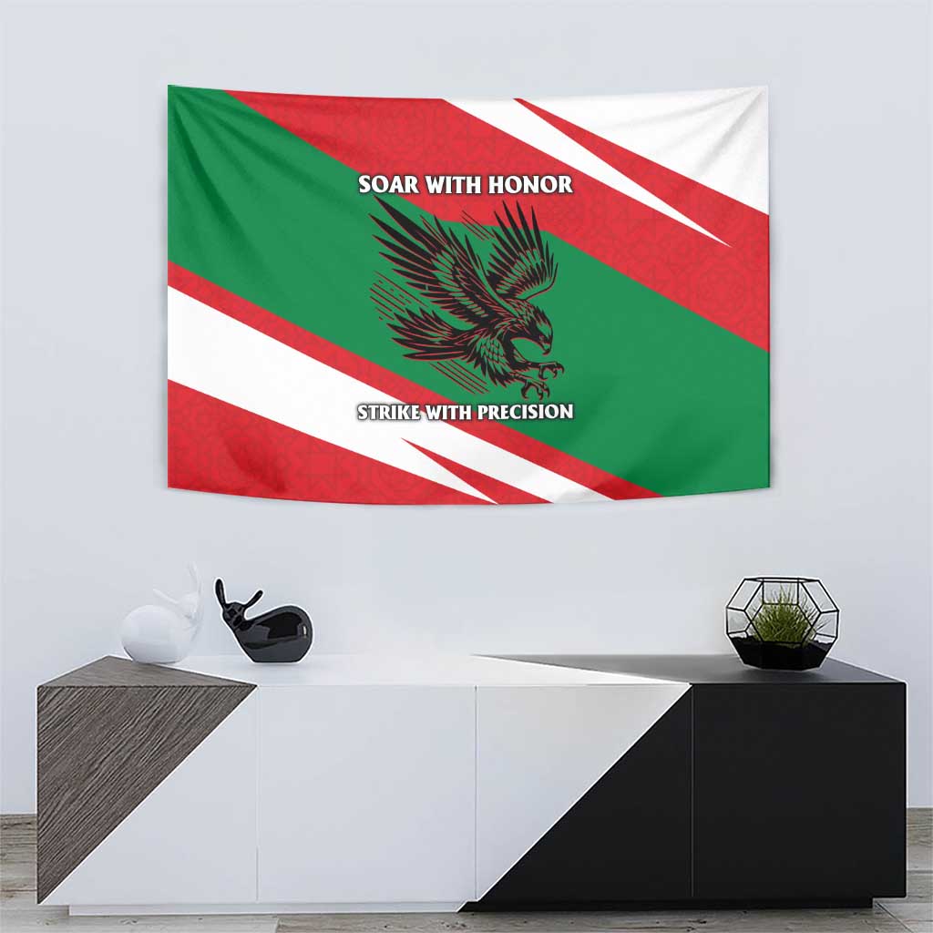Oman flag tapestry wall hanging with falcon graphic and diagonal stripe pattern