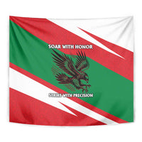 Oman flag tapestry close-up with falcon graphic and green-red-white diagonal stripes