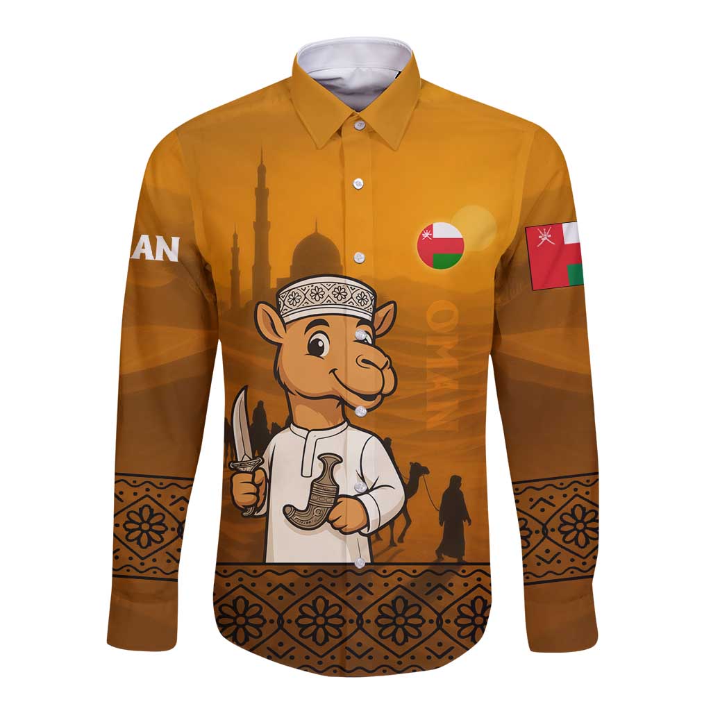 Oman Long Sleeve Button Shirt with Traditional Camel Character and Desert Silhouette Design