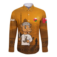 Long-sleeve button shirt in mustard with camel character front and patterned cuffs