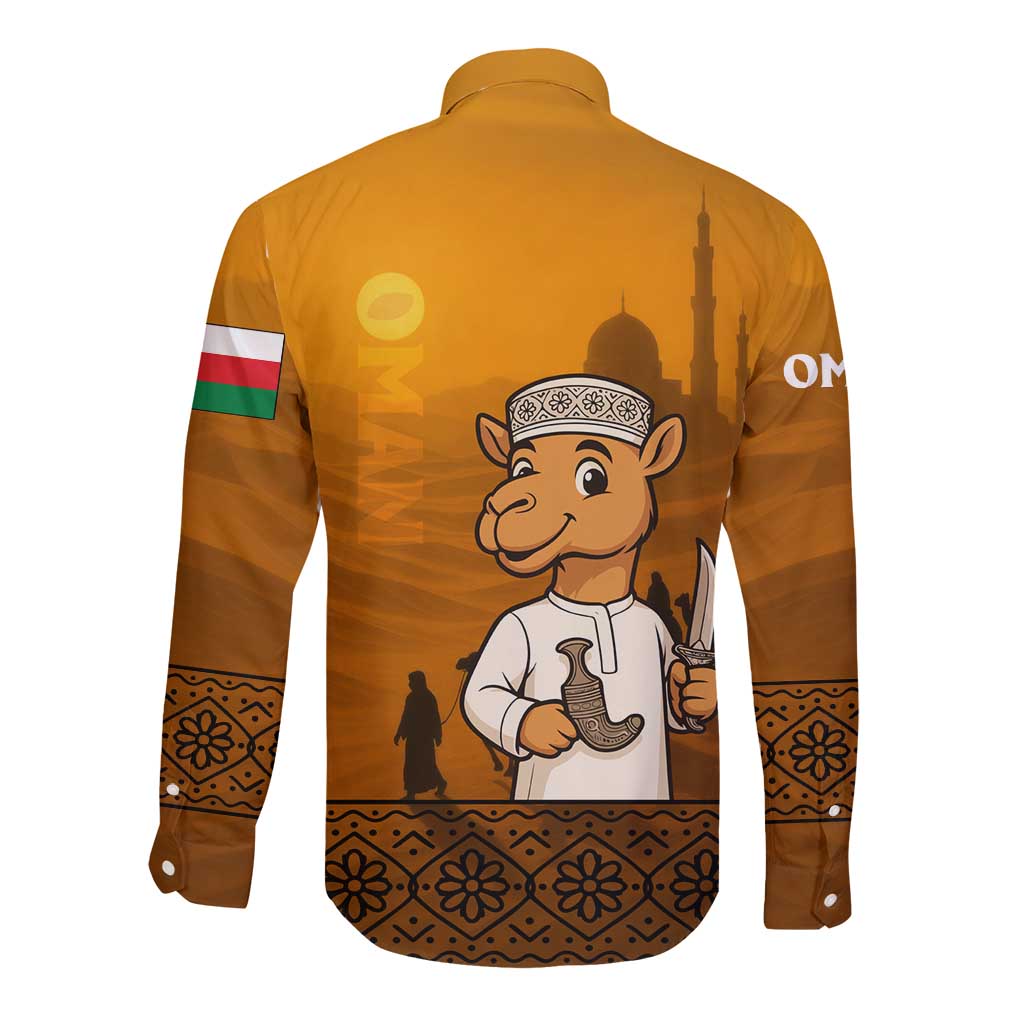 Long-sleeve button shirt back view in mustard with camel character and skyline print