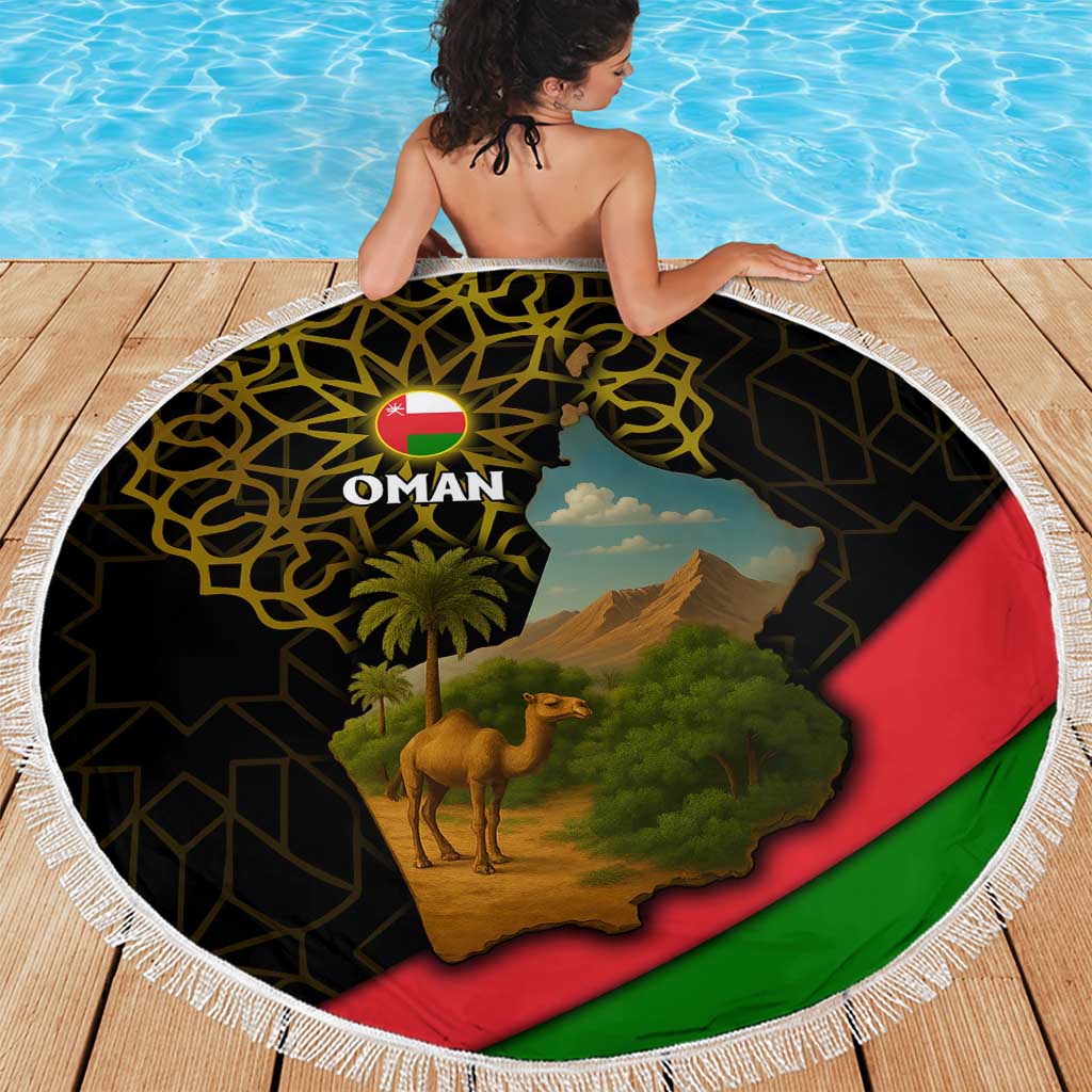Oman Beach Blanket with Camel Landscape and Geometric Pattern Design