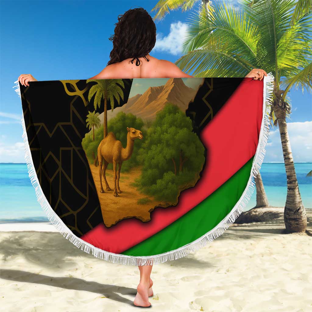 Oman Beach Blanket with Camel Landscape and Geometric Pattern Design