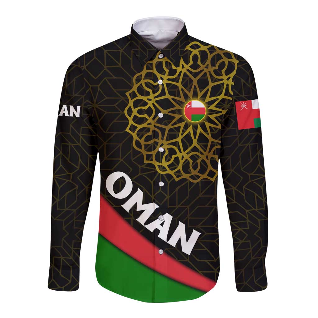 Oman Long Sleeve Button Shirt with Camel Landscape and Geometric Pattern Design