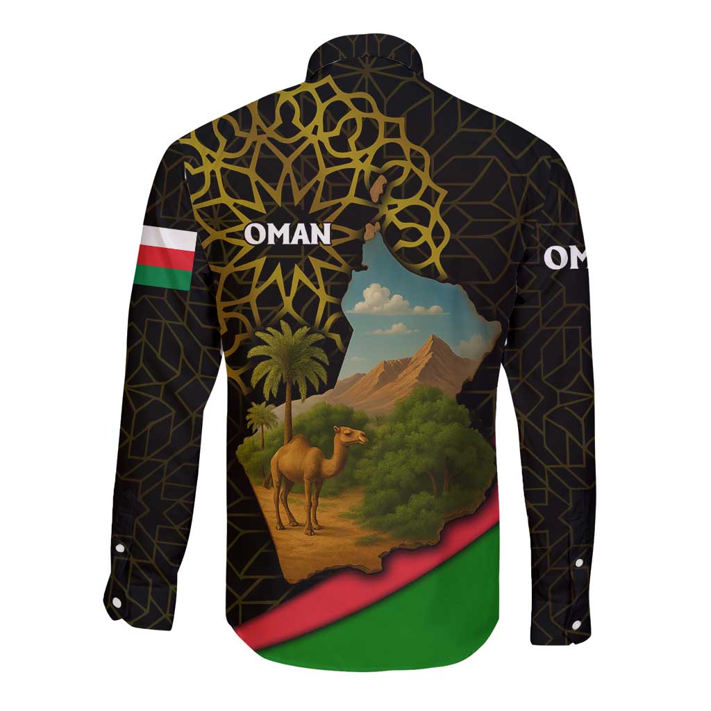 Oman Long Sleeve Button Shirt with Camel Landscape and Geometric Pattern Design