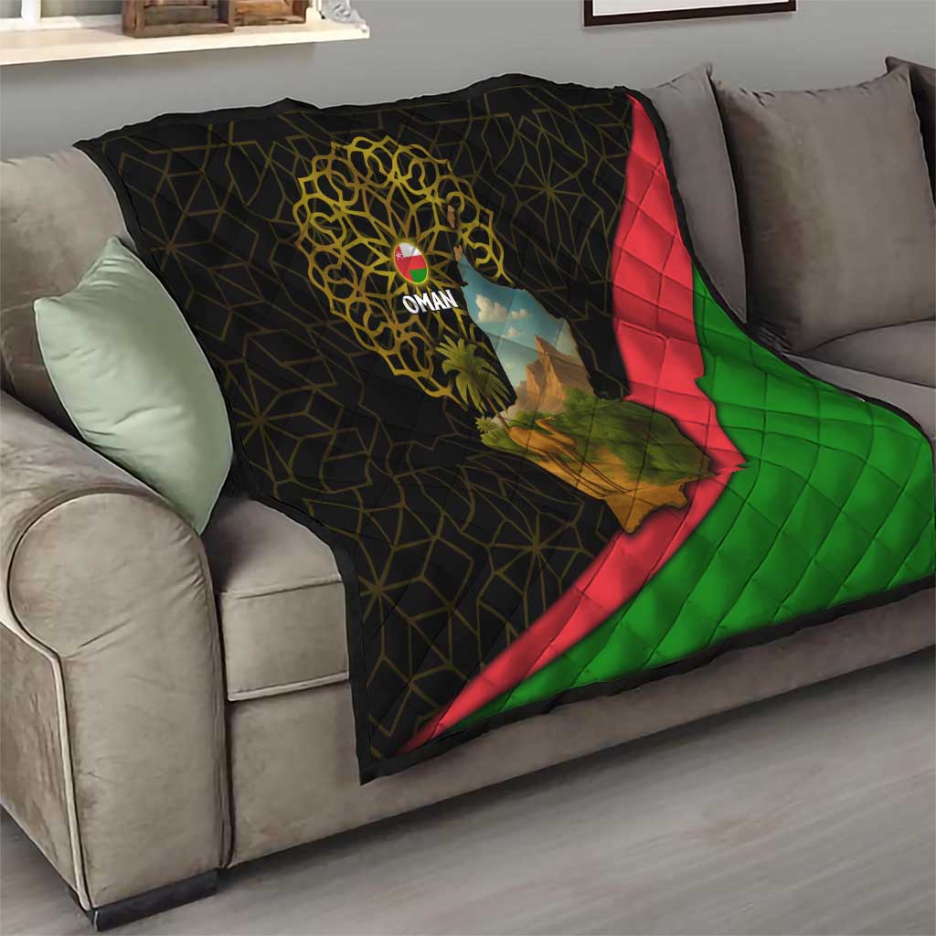Oman Quilt with Camel Landscape and Geometric Pattern Design
