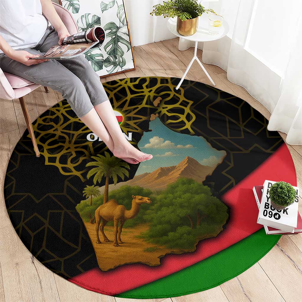 Oman Round Carpet with Camel Landscape and Geometric Pattern Design