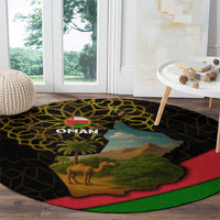 Oman Round Carpet with Camel Landscape and Geometric Pattern Design
