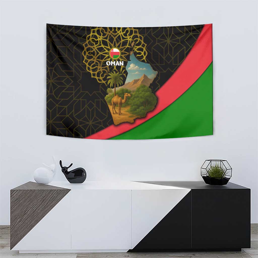 Oman Tapestry with Camel Landscape and Geometric Pattern Design