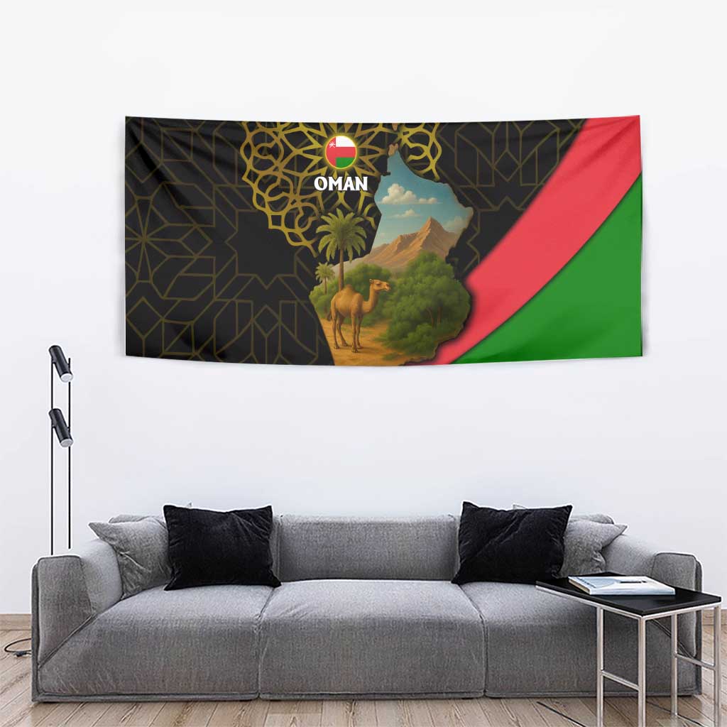 Oman Tapestry with Camel Landscape and Geometric Pattern Design