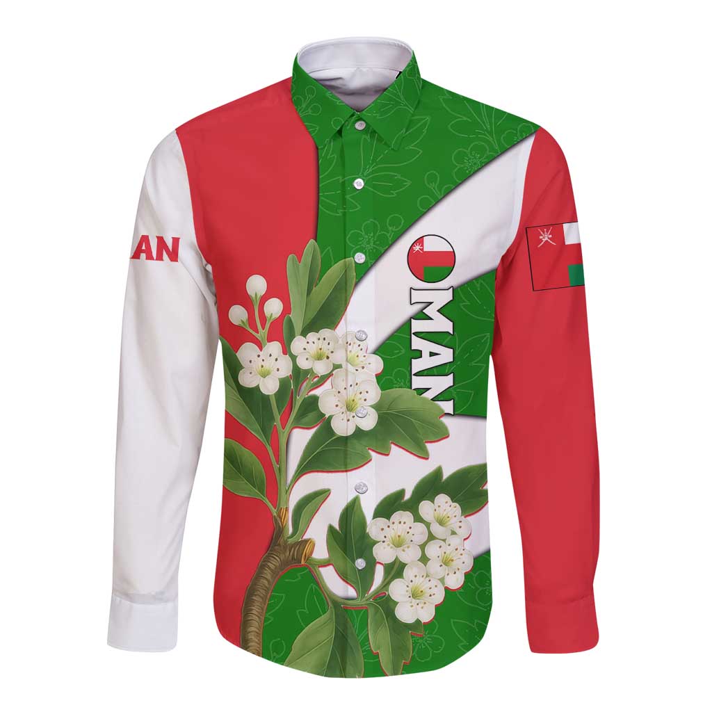 Oman Long Sleeve Button Shirt with White Blossom Floral Design and National Flag Colors