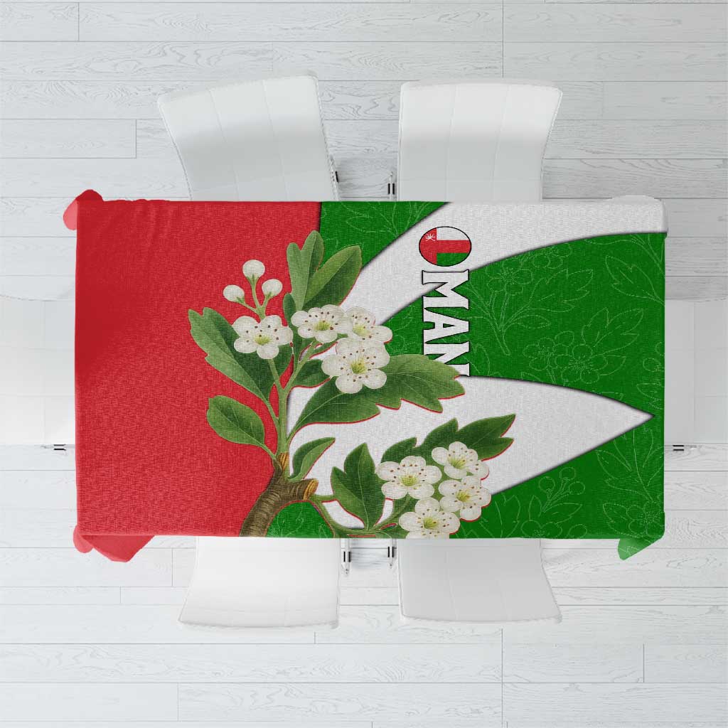 Rectangular tablecloth with red/green Oman flag colors and white blossom floral print