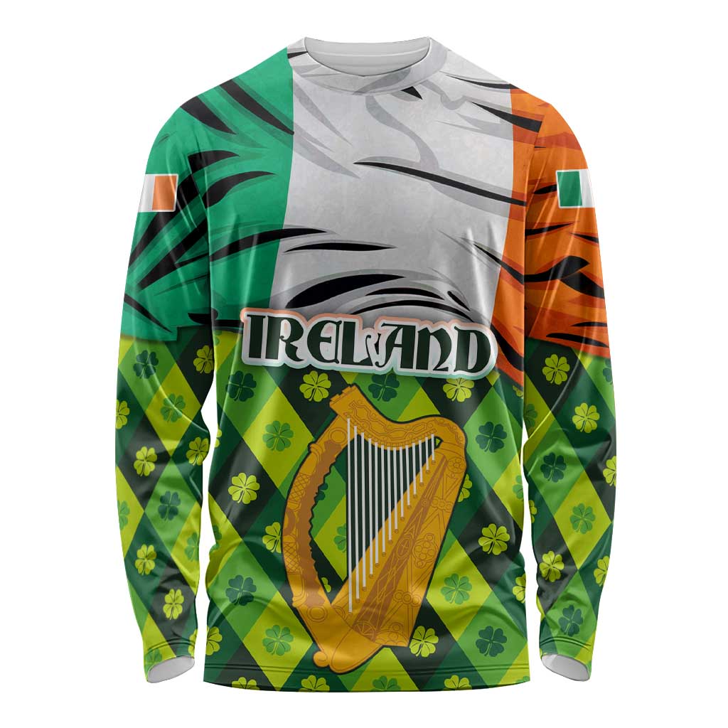 Ireland Long Sleeve Shirt with Irish Flag Harp and Shamrock Pattern Design