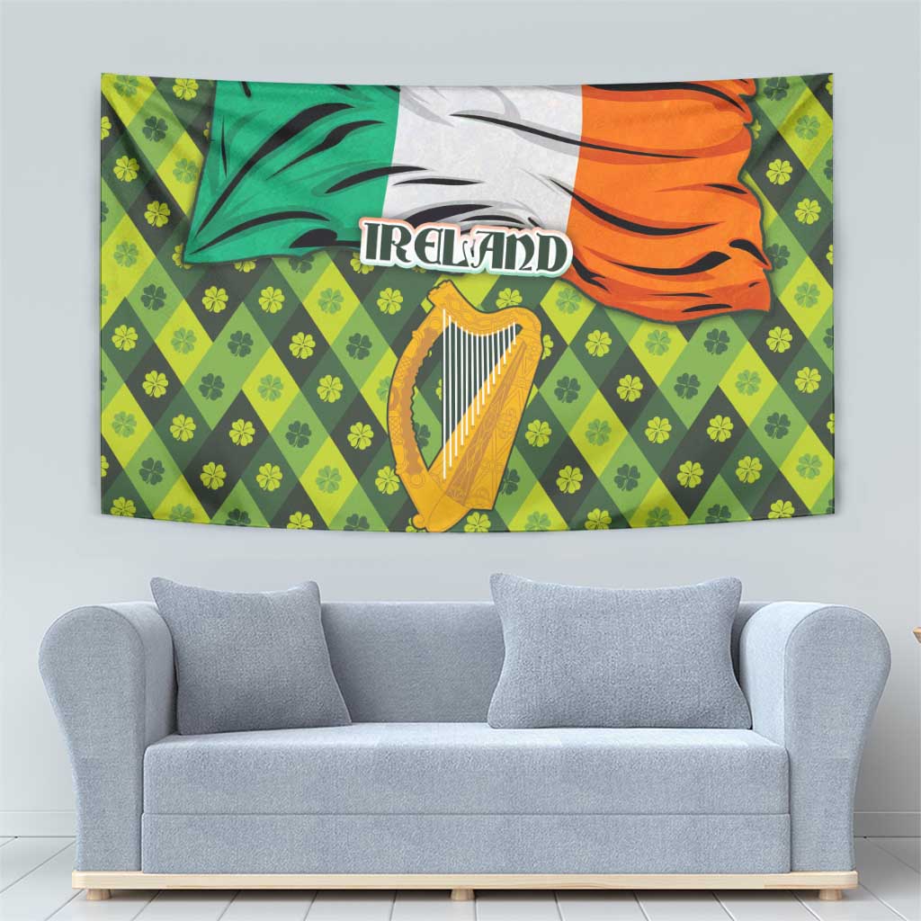 Ireland Tapestry with Irish Flag Harp and Shamrock Pattern Design