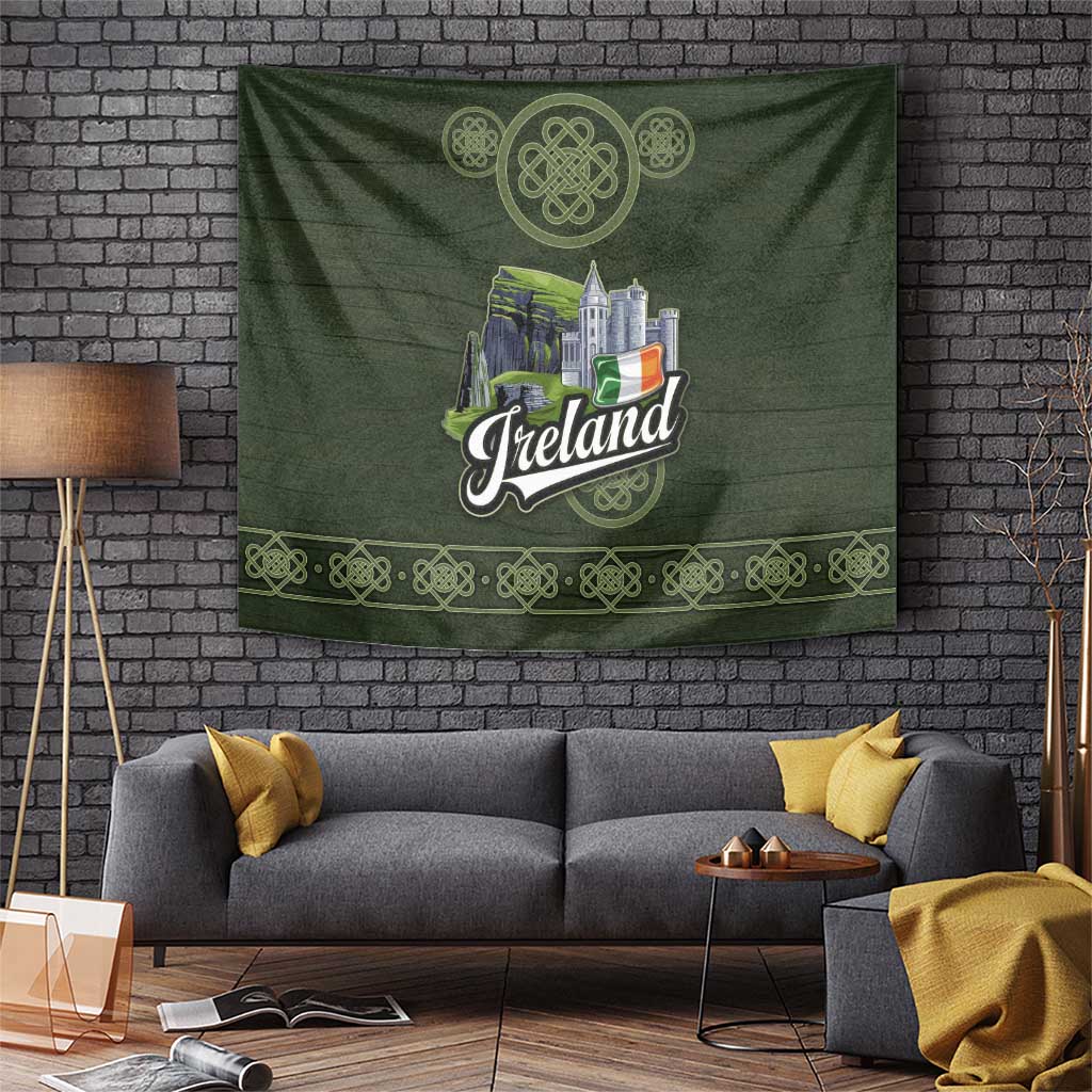 Celtic Ireland Tapestry with Irish Flag Castle and Knotwork Design