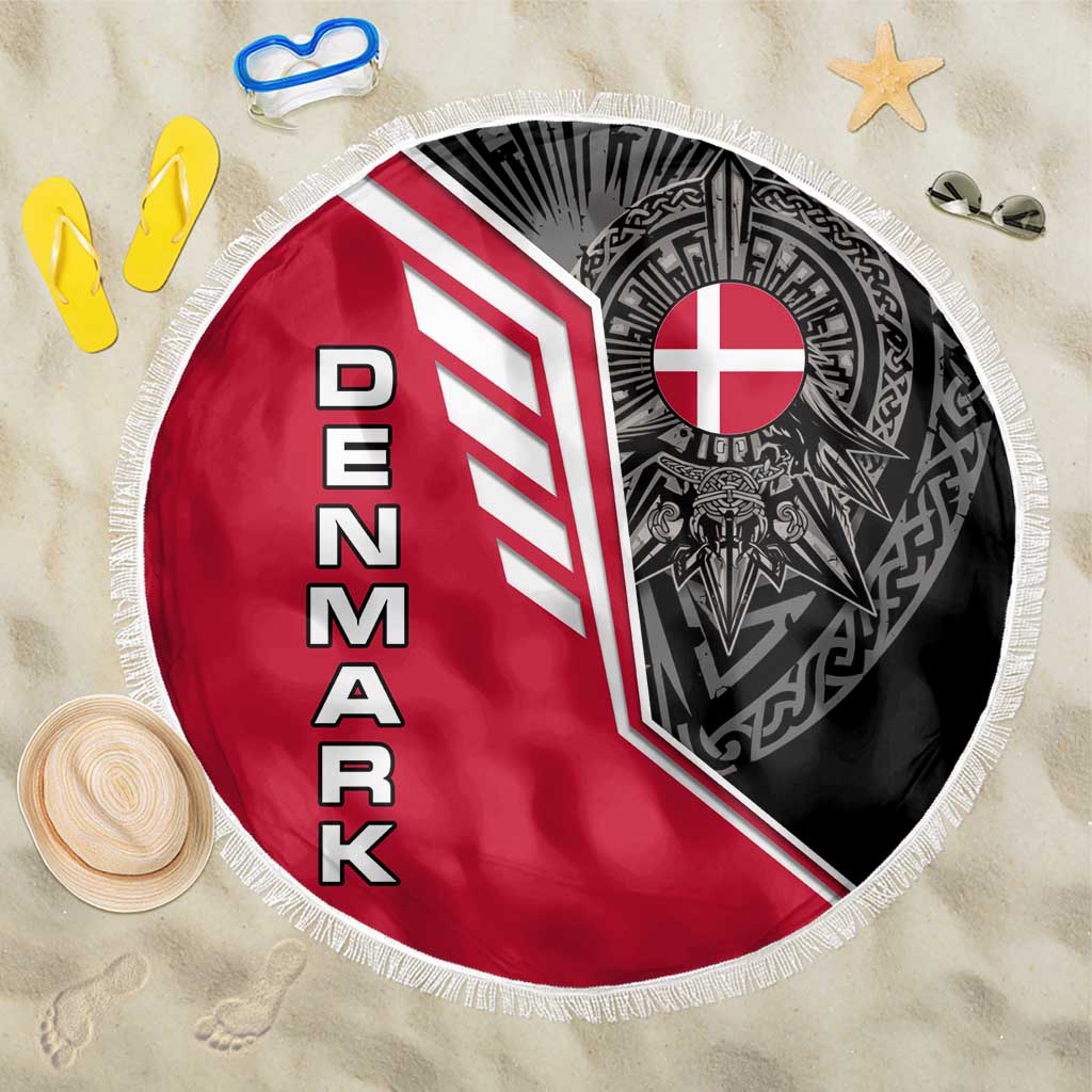 Denmark Flag Beach Blanket with Viking Rune Pattern and Nordic Crest Design - Wonder Print Shop
