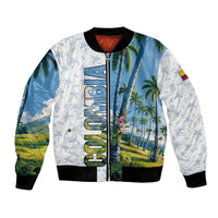 Unisex bomber jacket, palm tree landscape with tropical flowers, zip front