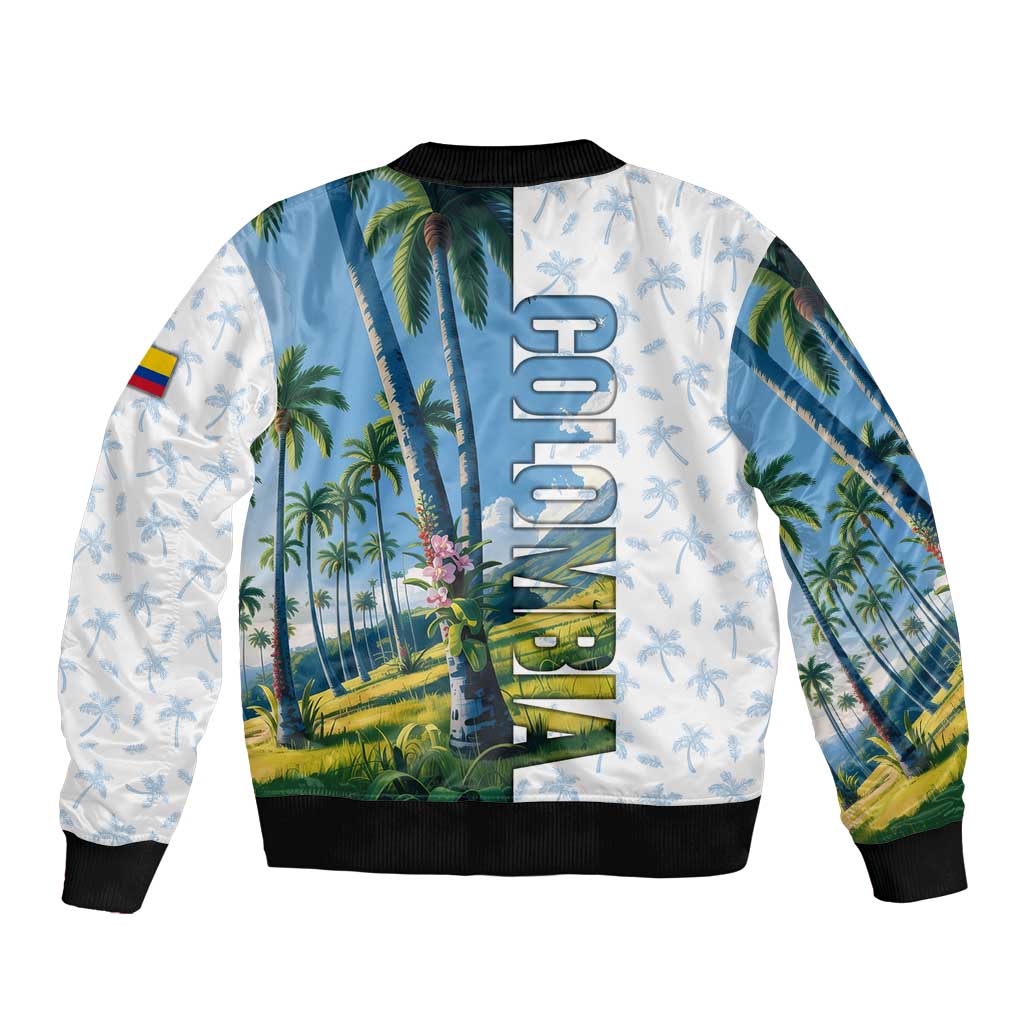 Unisex bomber jacket with palm tree landscape print and vertical Colombia lettering