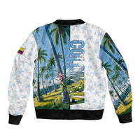 Unisex bomber jacket with palm tree landscape print and vertical Colombia lettering