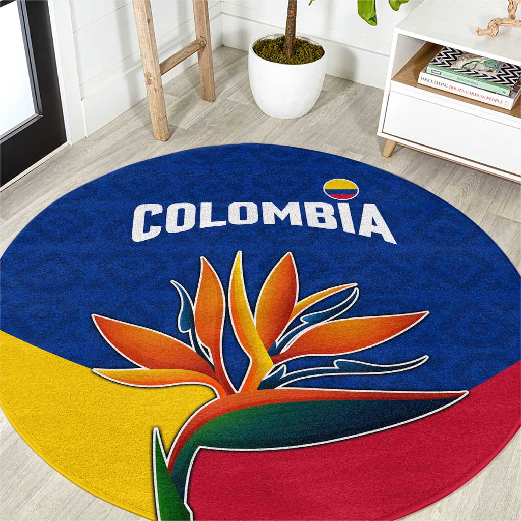 Colombia Heliconia Flower Round Carpet with Flag Colors and Blue Cultural Pattern Design - Wonder Print Shop