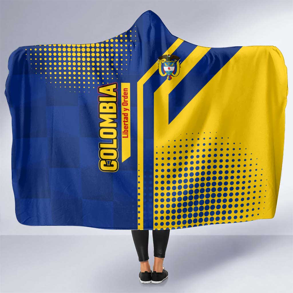 Blue and yellow Colombia flag hooded blanket with crest, motto, and dotted stripes