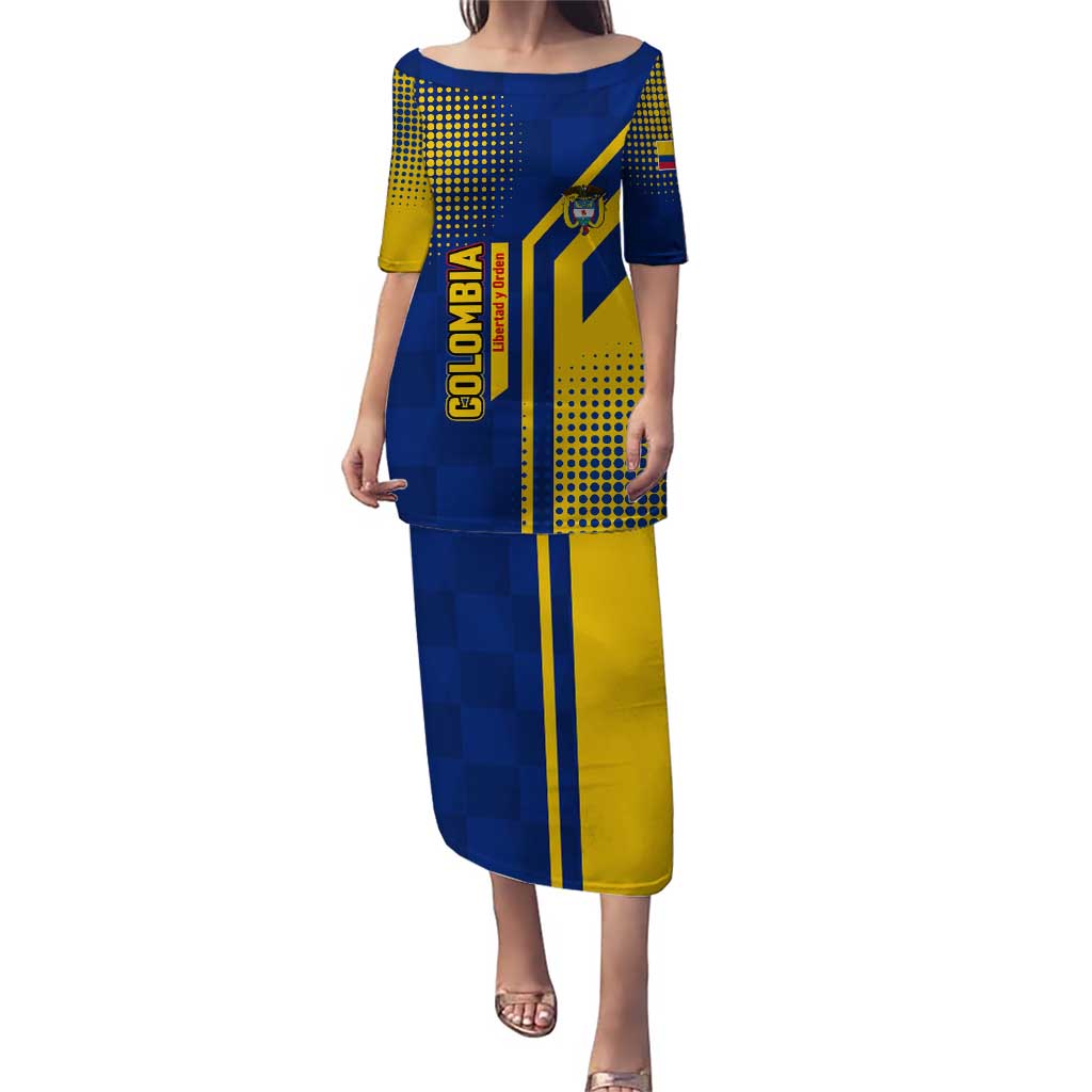 Two-piece tunic and long skirt set with Colombia crest in blue and yellow