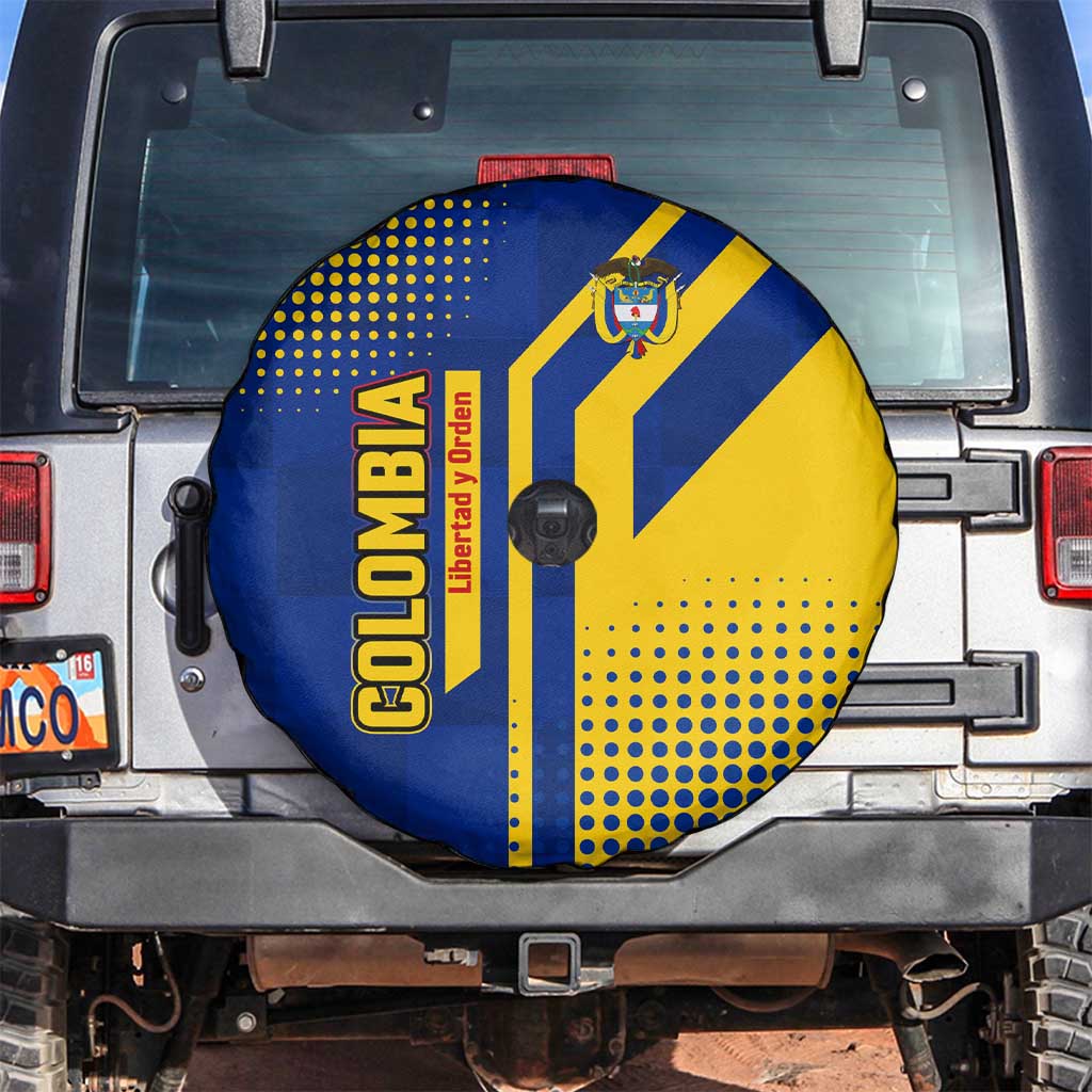 Blue and yellow Colombia spare tire cover with crest and 'Libertad y Orden'