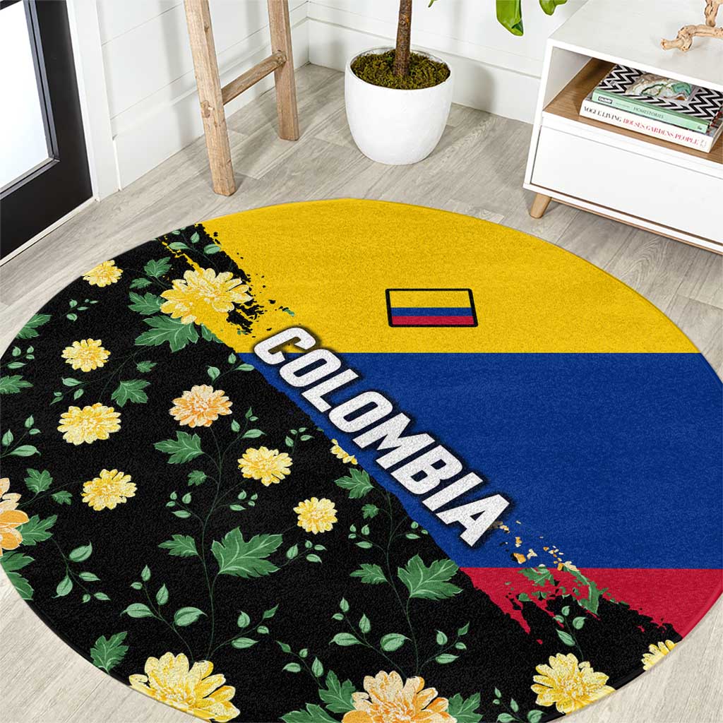 Colombia Yellow Flower Pattern Round Carpet with Flag Colors and Floree de Libertad Design - Wonder Print Shop