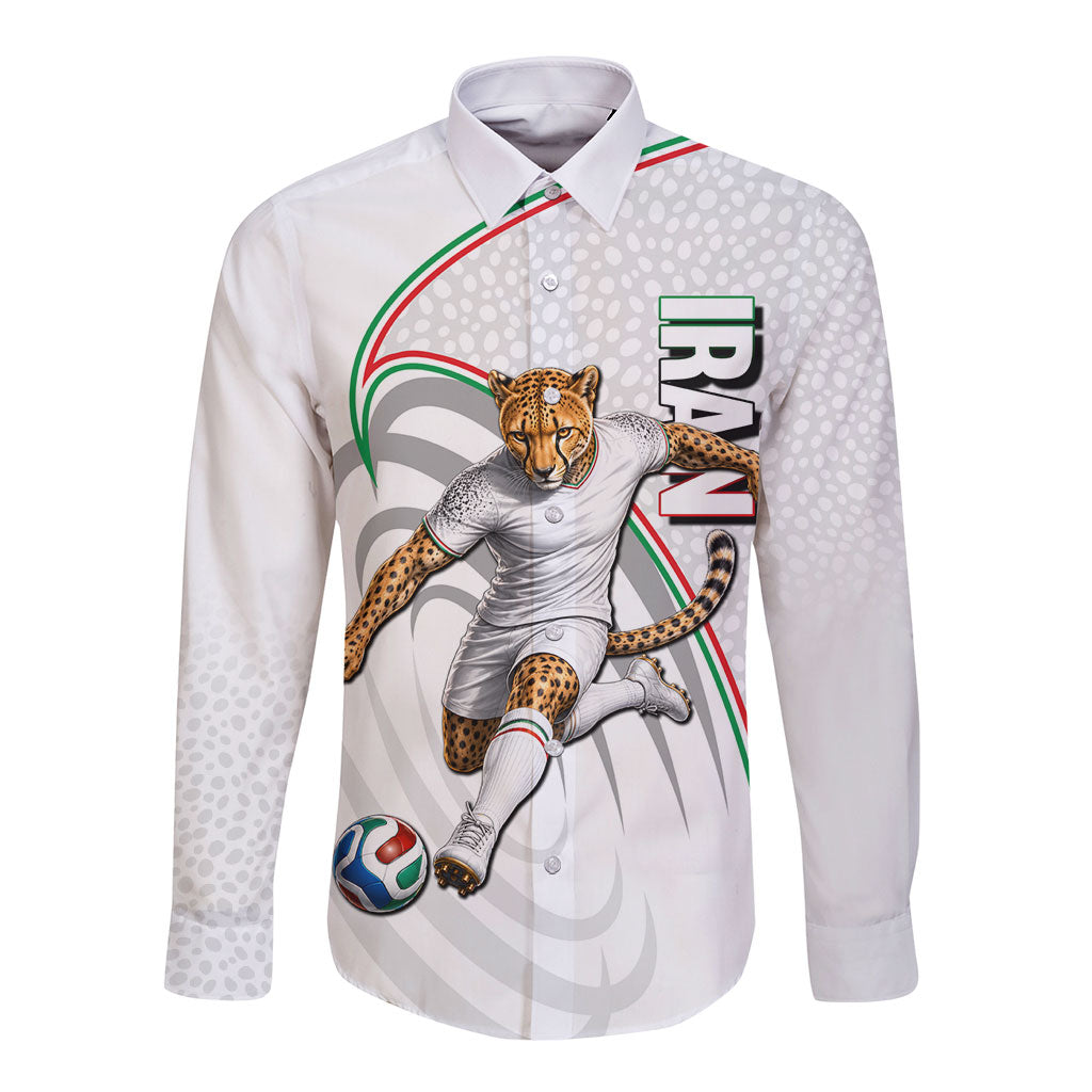 Personalized Iran Football Cheetah Long Sleeve Button Shirt Team Melli Persian Soccer Graphic Art