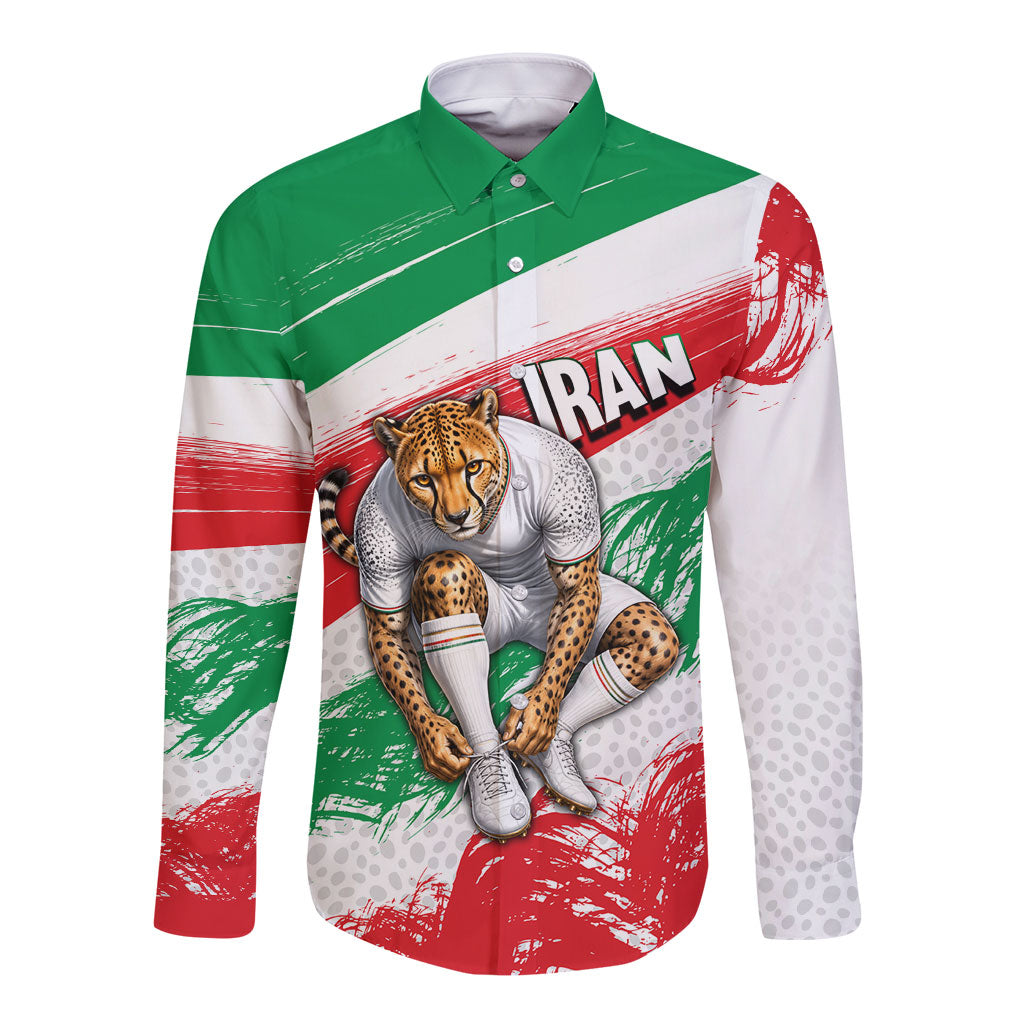 Personalized Iran Football Team Melli Long Sleeve Button Shirt Iranian Cheetah Patriotic Flag