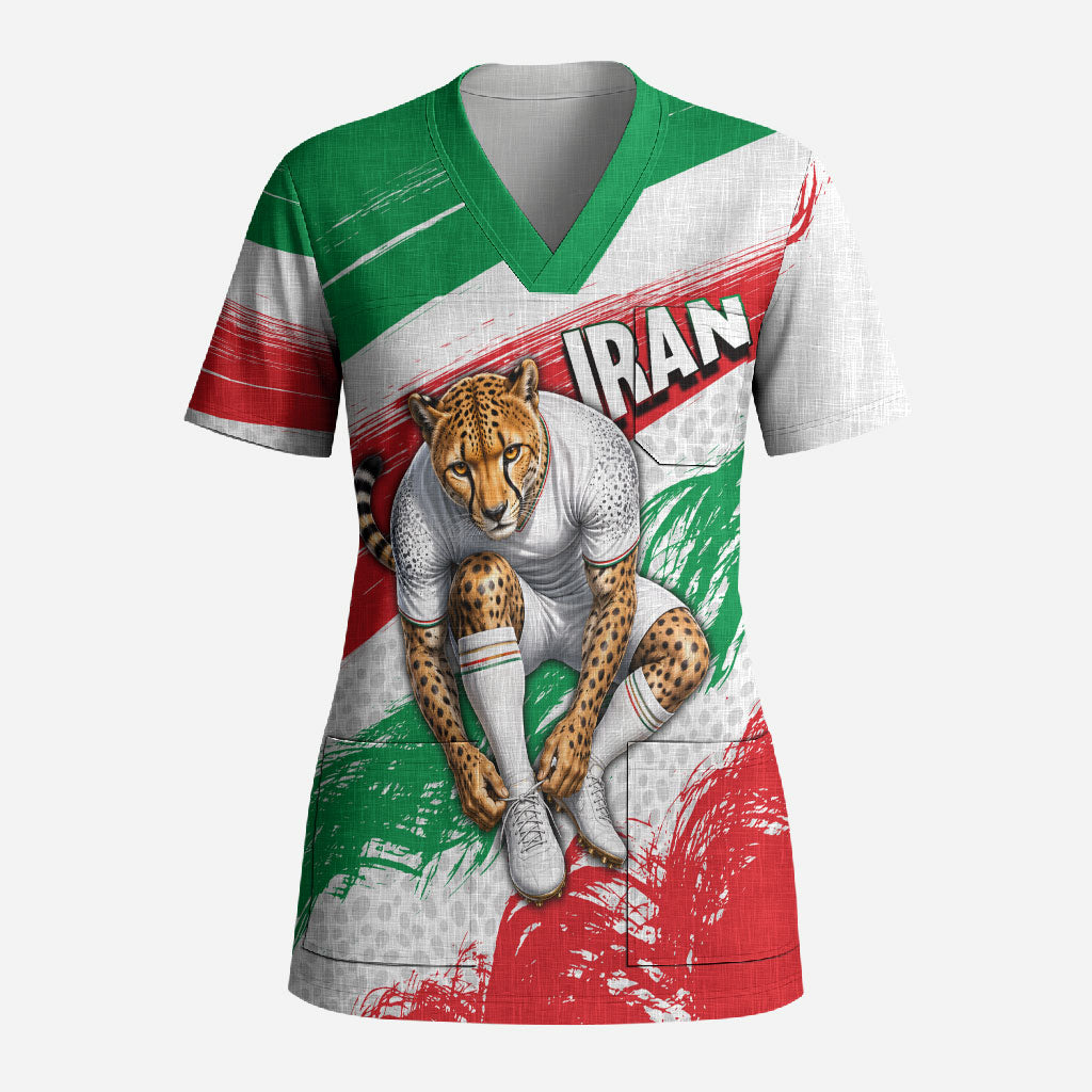 Personalized Iran Football Team Melli Scrub Top Iranian Cheetah Patriotic Flag